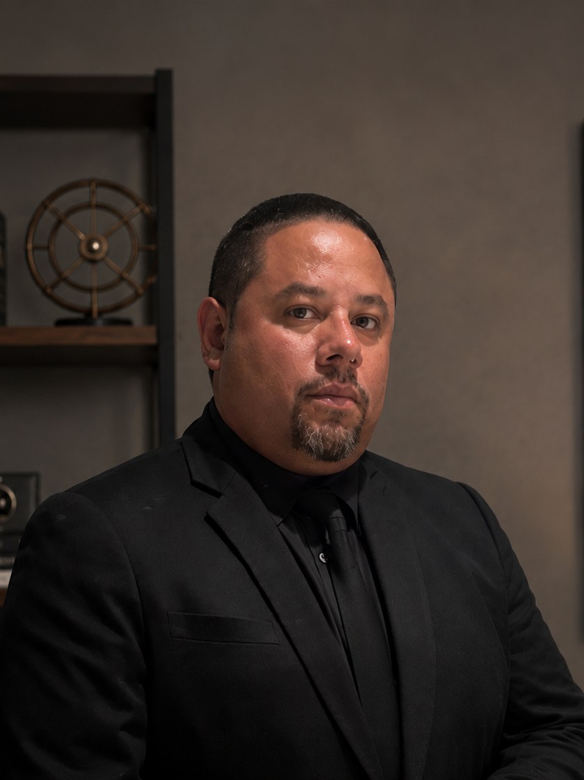 Christopher Ara, portrait in a black suit